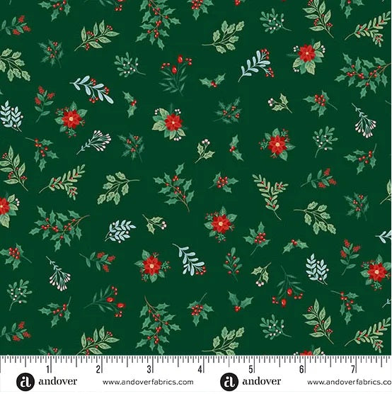A festive Christmas cotton print featuring scattered holly sprigs, berries, leafy stems, and small poinsettia-style flowers on a deep forest green background. M226G
