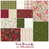 Very Berry Christmas fabric collection by Claudia Bianchi, featuring festive berries, botanical sprigs, wreath trellises, stripes and plaids in red, green and cream – Frontier Fabrics.