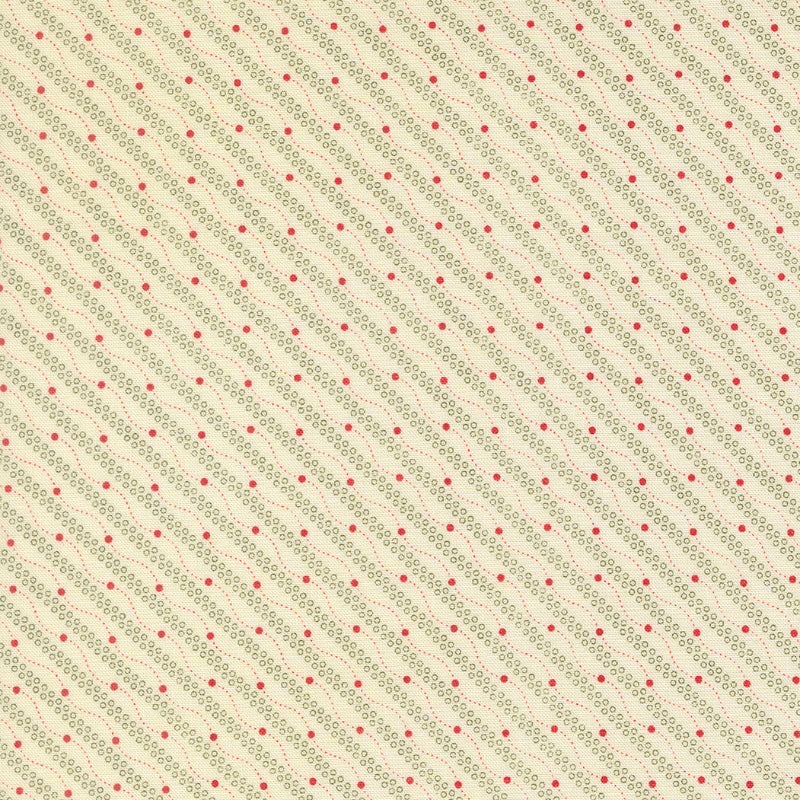 Moda Joyful Gatherings II 49334 11 cream fabric with wavy diagonal lines of tiny olive green circles, red dots and fine dotted accents.