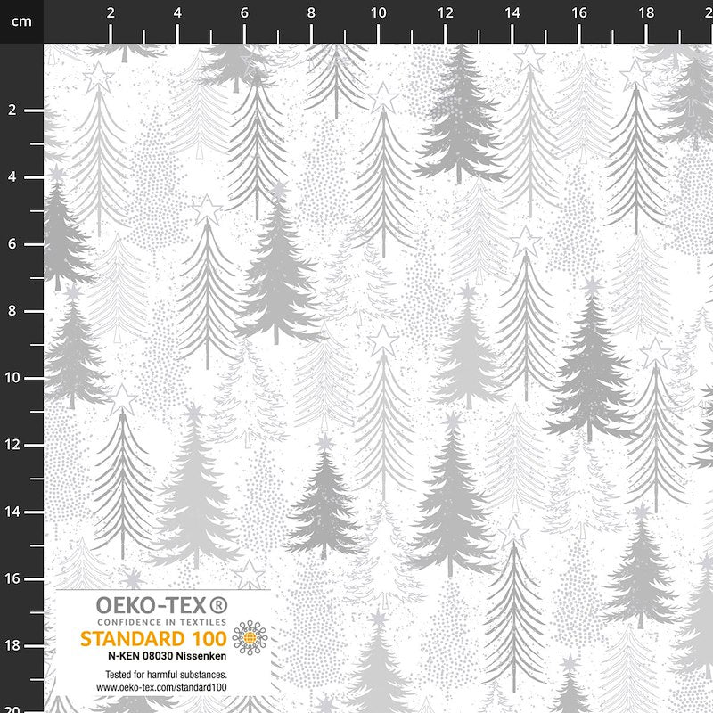 Stof Snow Crystals 4593-103 White Silver fabric featuring stylised Christmas trees, stars and delicate dotted winter details on a white background.