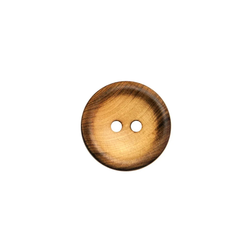 A single round wooden button with two holes, featuring a warm brown wood grain pattern, centered on a plain white background.
